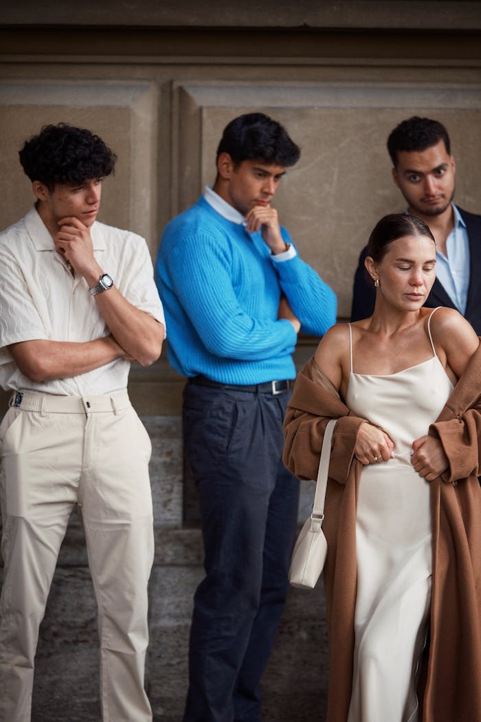 Fashionable young adults posing stylishly, wearing elegant attire for a modern photoshoot.